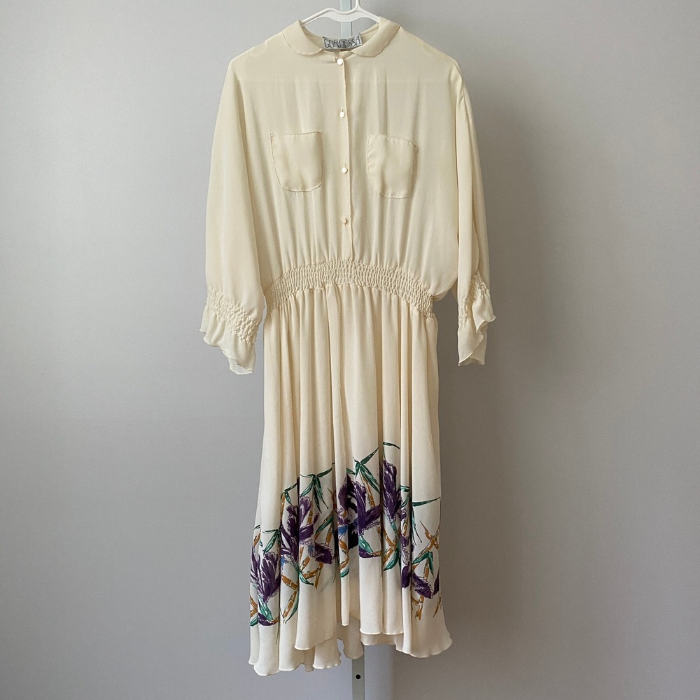 VTG Cardessa Dainty Romantic Iris Floral Smocked Waist Midi Dress Cream Ivory